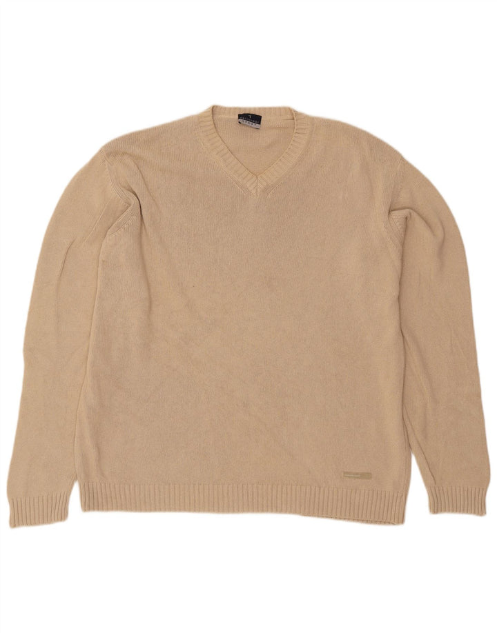 Pulover Trussardi pentru bărbați cu decolteu în V, mare, bej, bumbac