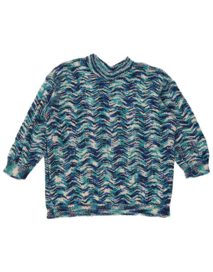 Pulover vintage pentru femei cu decolteu triplu UK 14 Medium Blue Geometric