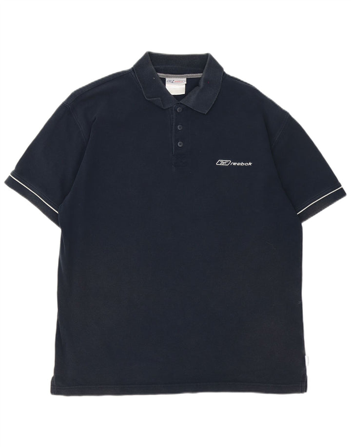 Tricou polo Reebok pentru bărbați, bumbac cu dungi, albastru bleumarin mediu