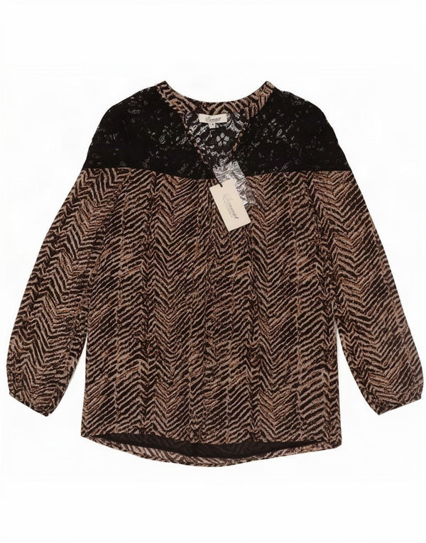 Bluză cu mânecă lungă pentru femei vintage UK 12 Maro mediu Chevron Poliester