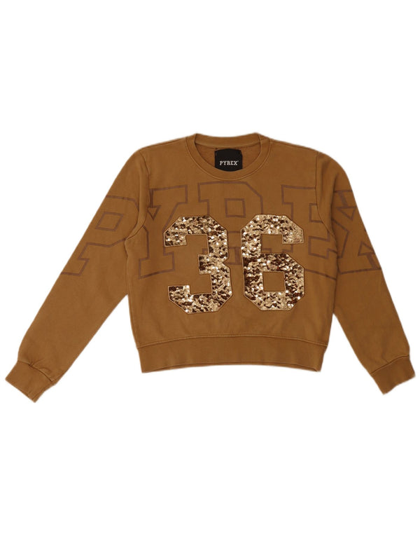 Pyrex Womens Graphic Sweatshirt Jumper UK 6 XS Brown Cotton