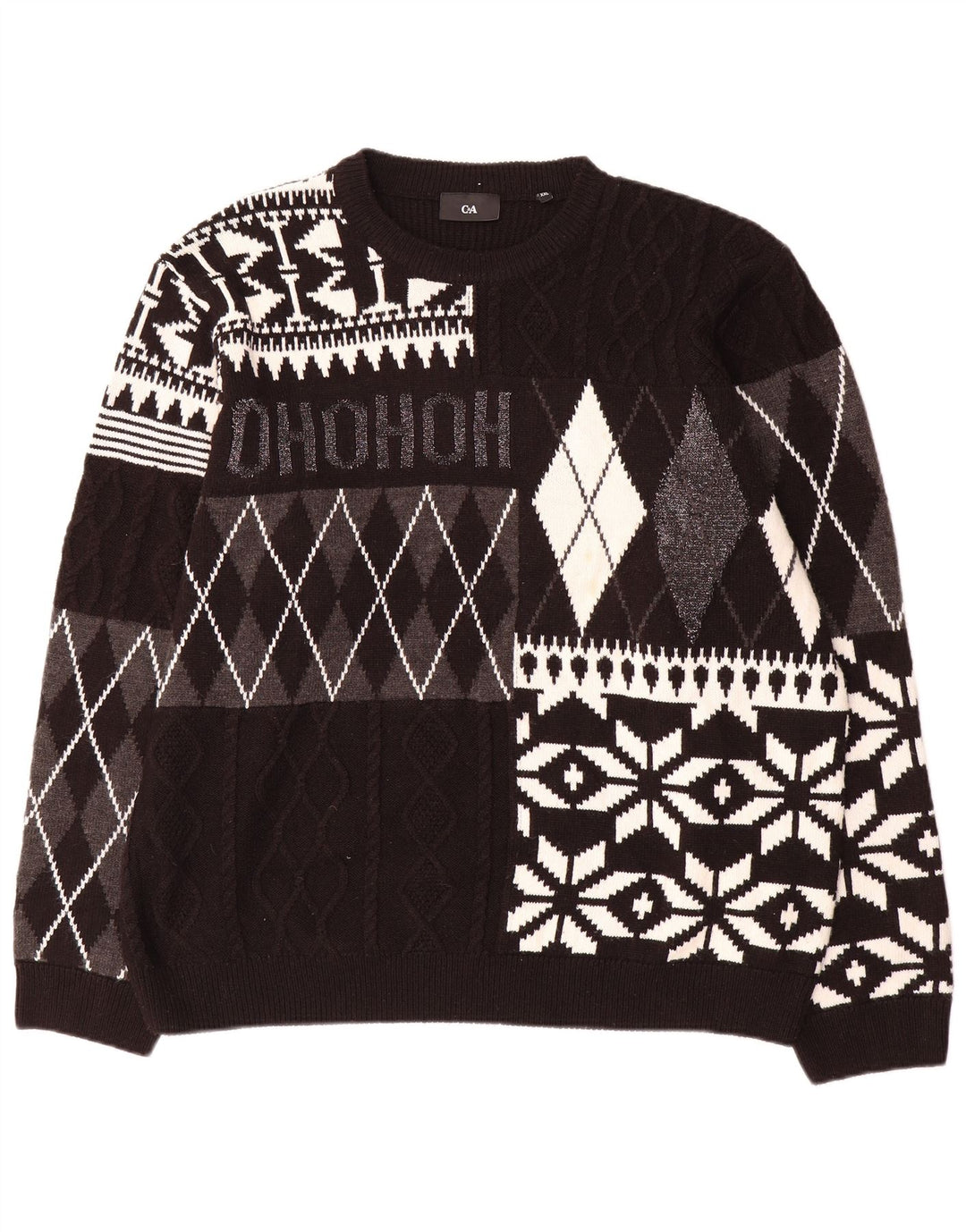 C & A Pulover pentru bărbați cu gât roșu, 2XL, negru, acrilic mozaic