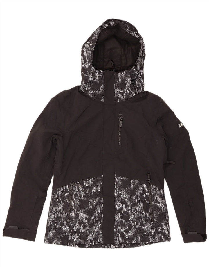 O'NEILL Jachetă de ploaie cu glugă cu model abstract pentru femei UK 14 Medium Black