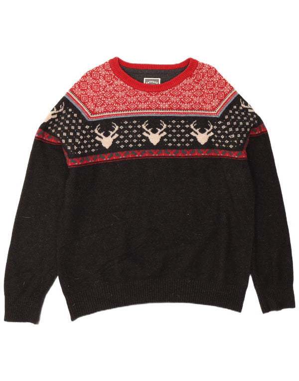 Pulover pentru bărbați Fat Face, cu gât de barcă, 2XL, lână neagră Fair Isle
