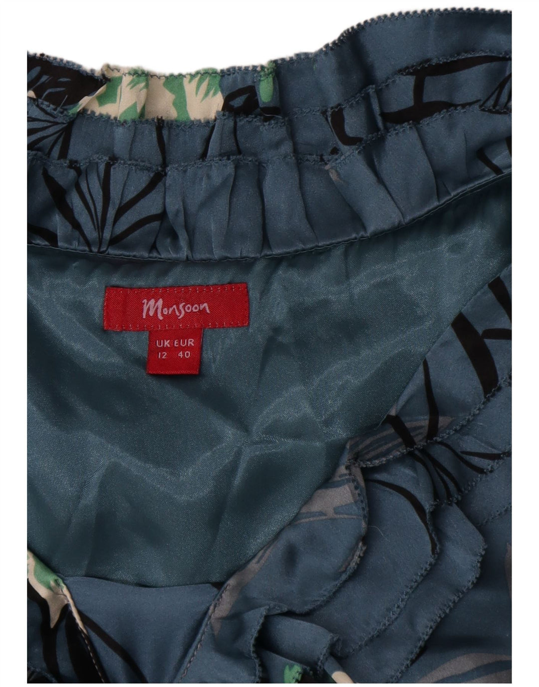 Rochie A-Line pentru femei Monsoon, cu volane în față, UK 12, mătase florală albastră medie