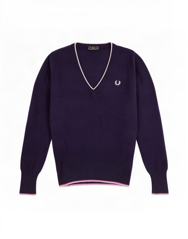 Pulover pentru femei Fred Perry cu decolteu în V UK 8 Mic Lână bleumarin