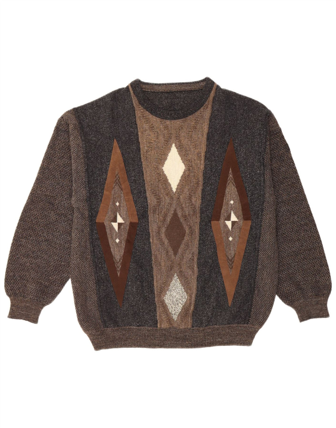 Pulover VINTAGE pentru bărbați cu gât roșu IT 50 Lână geometrică maro mare