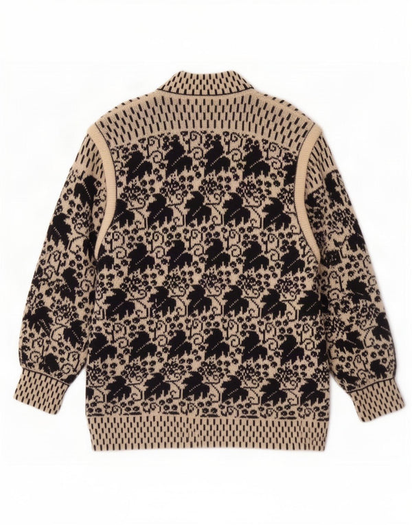 Pulover cardigan tricotat manual pentru femei Helen Raine UK 14 Medium Bej Floral
