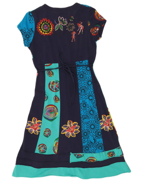 Rochie de epocă pentru femei cu grafică în linie A UK 10 mic, albastru marin, bumbac floral