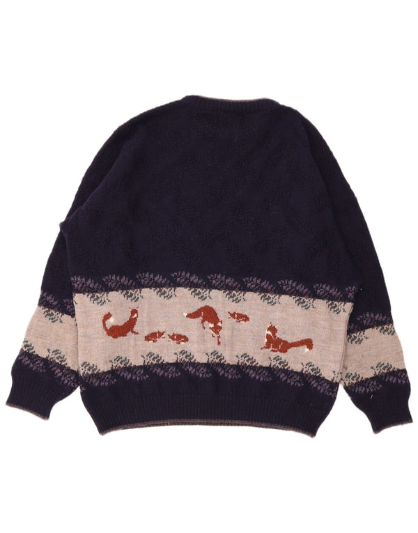 Pulover vintage pentru bărbați, cu grafică, cu decolteu, XL, mov, lână color bloc