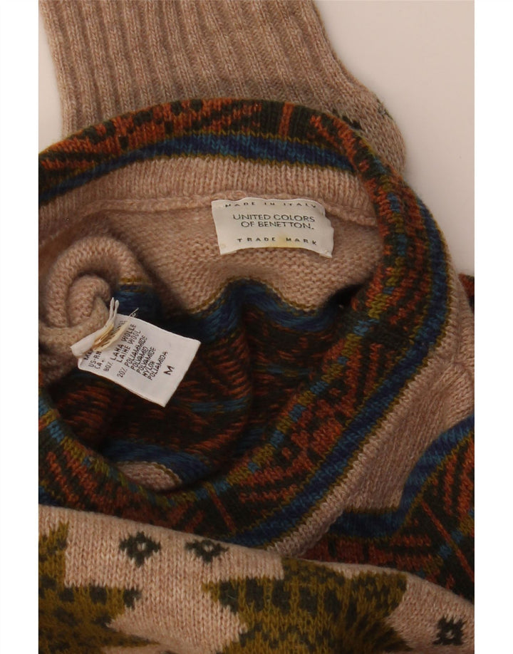 Pulover Benetton pentru bărbați cu decolteu rotund, lână Fair Isle, bej mediu
