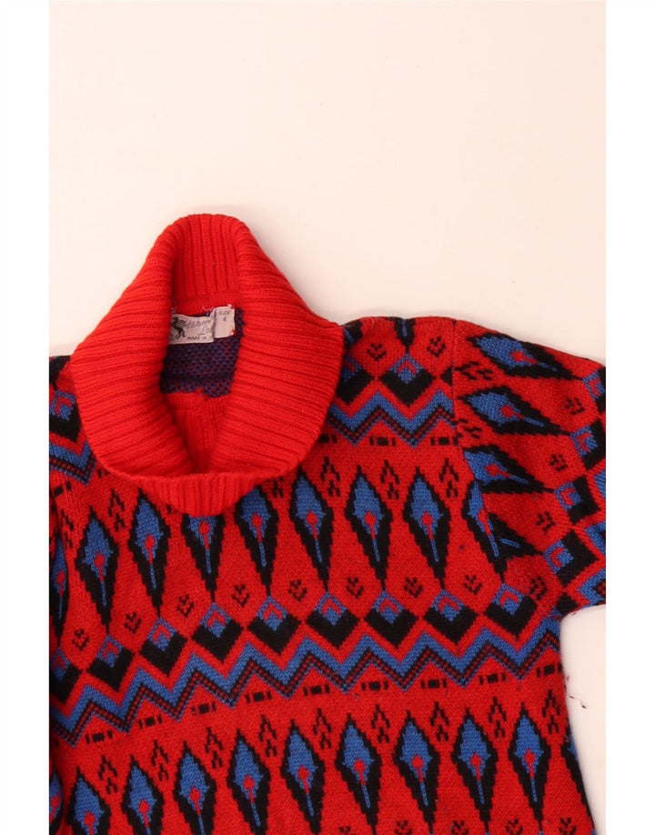 Pulover vintage pentru femei cu gât rulat, mărime 4, lână Fair Isle, roșie, mică