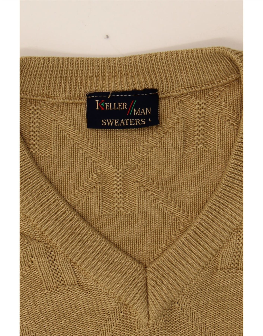 KELLERMAN Mens V-Neck Jumper Sweater Large Beige Cotton Classic Vintage Kellerman and Second-Hand Kellerman from Messina Hembry 