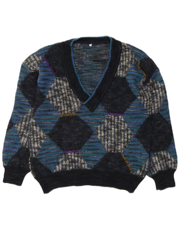 Pulover vintage pentru bărbați cu decolteu în V IT 48 Medium Blue Argyle/Diamond Wool
