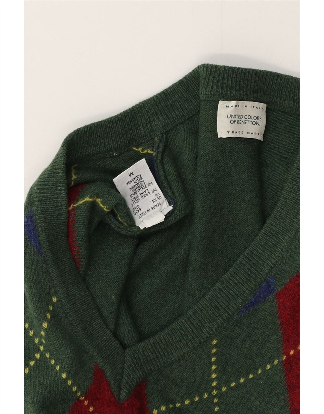 Pulover cu decolteu în V BENETTON pentru bărbați, verde mediu, lână Argyle/Diamond