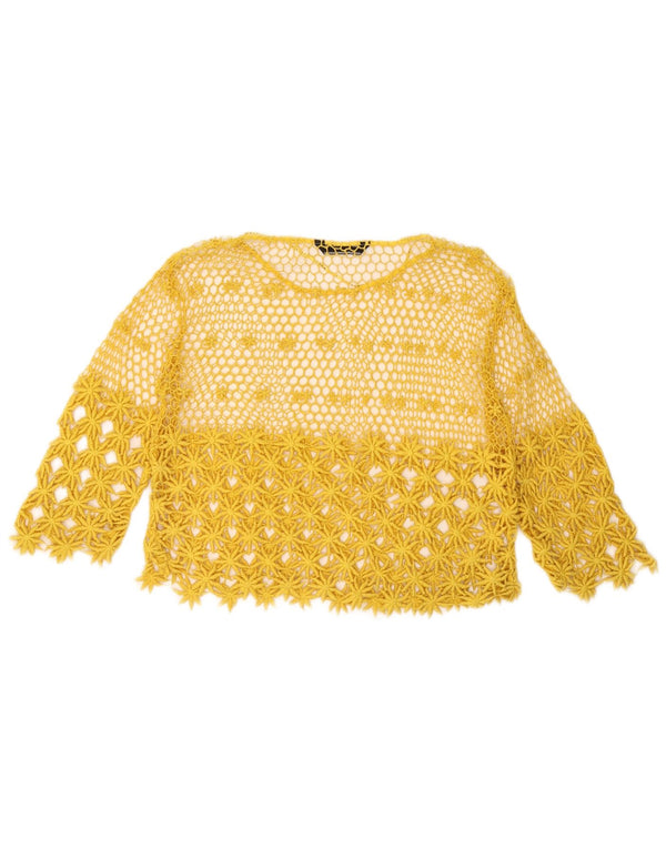 Top cu mâneci 3/4 pentru femei See Through Crochet UK 14 Galben mediu