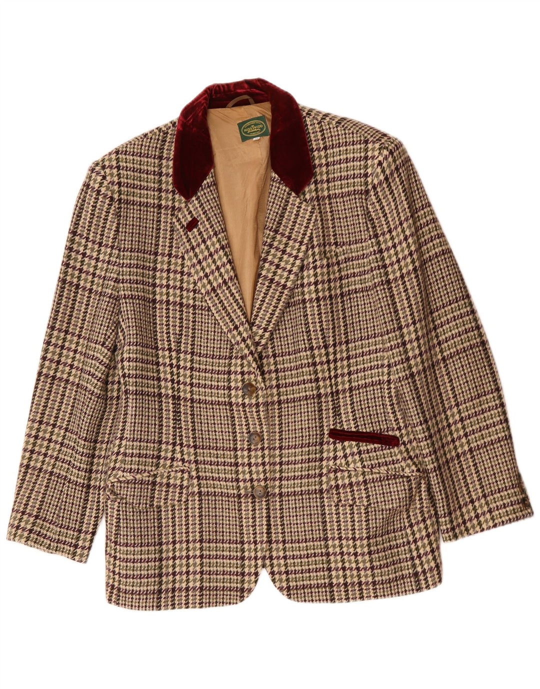 Jachetă vintage pentru femei cu 3 nasturi IT 48 XL Lână virgină cu carouri bej