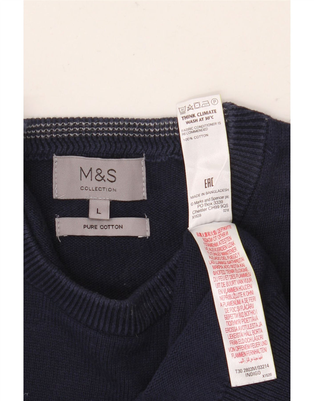 Pulover pentru bărbați Marks & Spencer cu gât roșu, mare din bumbac bleumarin