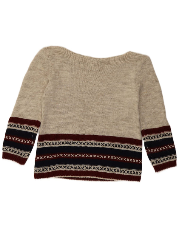 Pulover vintage pentru femei cu gât de barcă UK 10 Small Beige Fair Isle