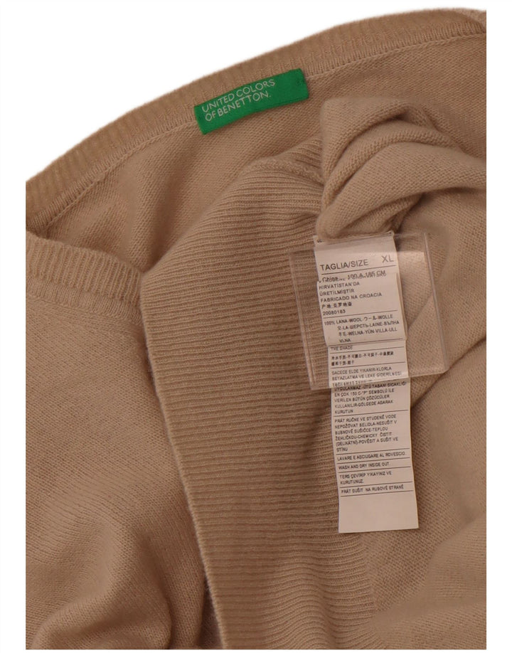 BENETTON Pulover cu decolteu în V pentru bărbați XL Lână bej