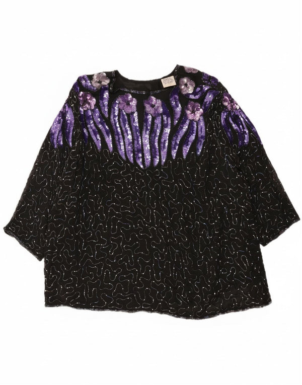 Bluză de seară vintage cu paiete cu mâneci 3/4 pentru femei EU 52 2XL Negru Floral