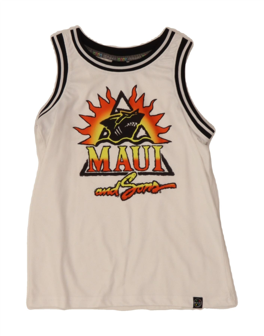 MAUI AND SONS Boys Graphic Vest Top 8-9 Years White Polyester Vintage Maui and Sons and Second-Hand Maui and Sons from Messina Hembry 