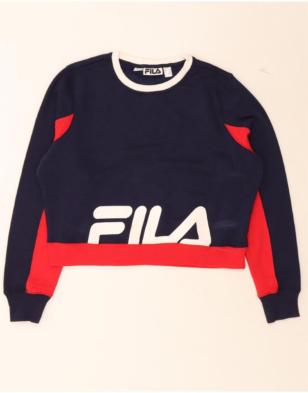 FILA Womens Oversized Crop Sweatshirt Jumper UK 14 Large  Navy Blue Vintage Fila and Second-Hand Fila from Messina Hembry 