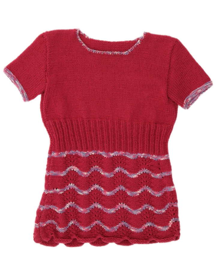 Pulover vintage pentru femei UK 12 Medium Burgundy cu dungi Retro