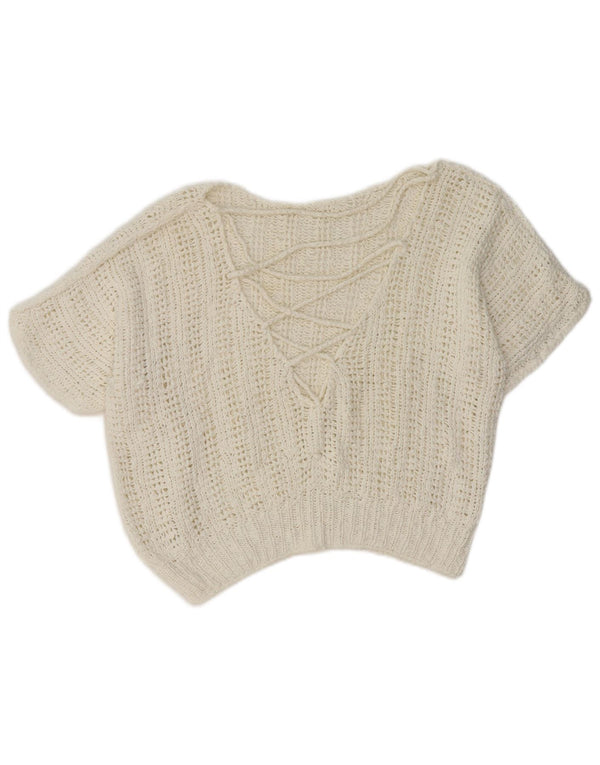 Pulover vintage cu mânecă scurtă cu decolteu în V pentru femei UK 14 Medium White