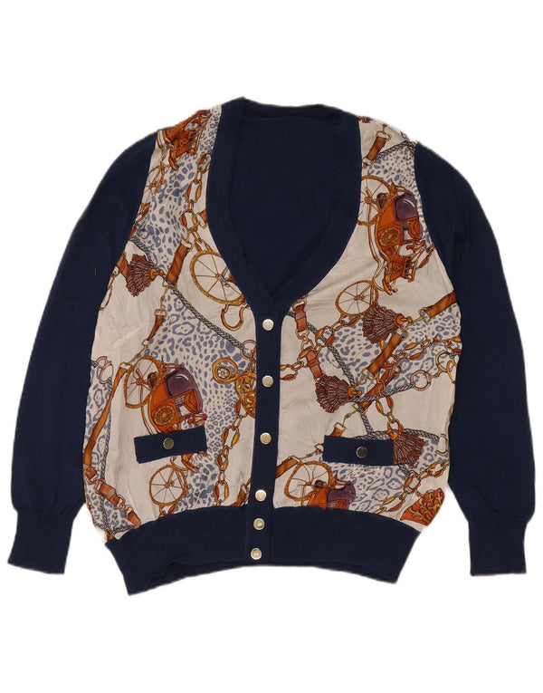 Pulover cardigan cu model abstract pentru femei vintage UK 16 mare bleumarin