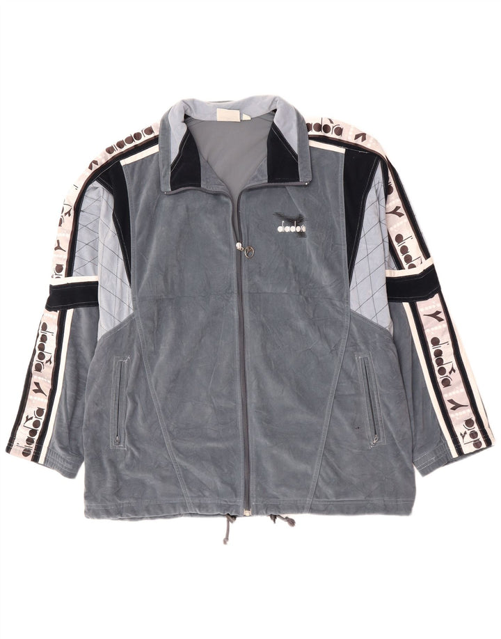 Jachetă de trening din velur grafic DIADORA pentru bărbați UK 46 XL Gri Colorblock