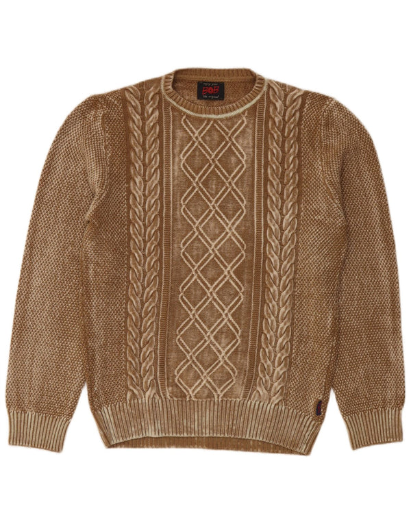 Pulover vintage pentru bărbați cu gâtul turnat, mare, maro, lână virgină geometrică