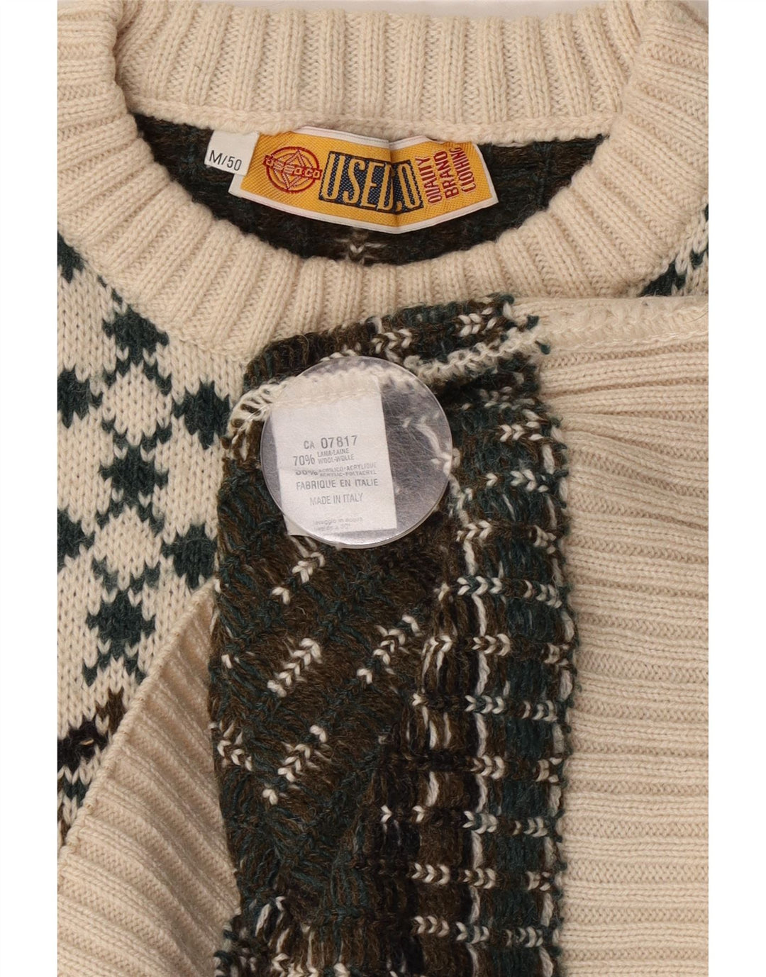 Pulover vintage pentru bărbați cu gât roșu IT 50 Medium White Fair Isle Lână