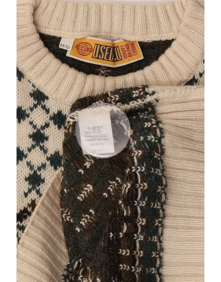 Pulover vintage pentru bărbați cu gât roșu IT 50 Medium White Fair Isle Lână