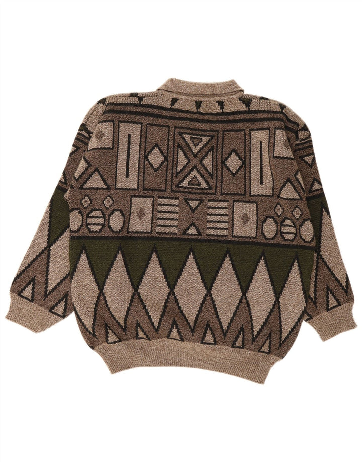 Pulover vintage pentru bărbați cu gât polo, maro mediu, geometric
