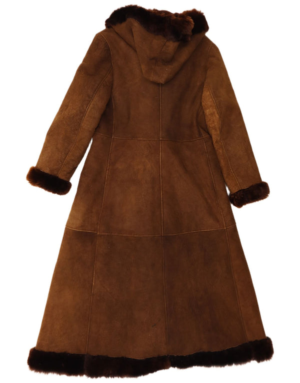 Palton din shearling cu glugă vintage pentru femei UK 8 mic maro