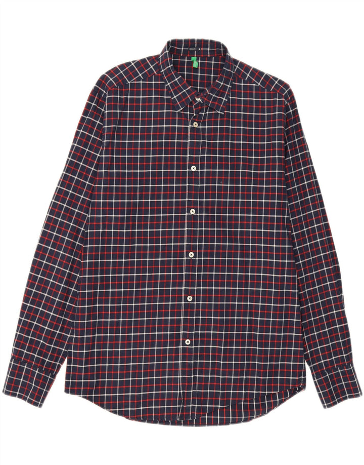 BENETTON Mens Regular Fit Shirt XL Navy Blue Check Cotton