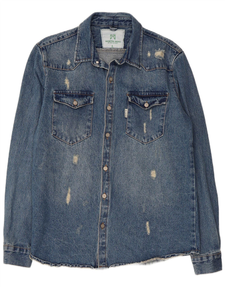 Cămașă pentru bărbați VINTAGE din denim învechit, mare, albastru, bumbac