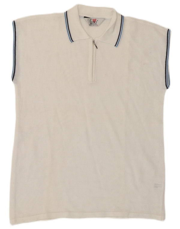 Tricou polo vintage fără mâneci pentru femei UK 14, bumbac alb mediu