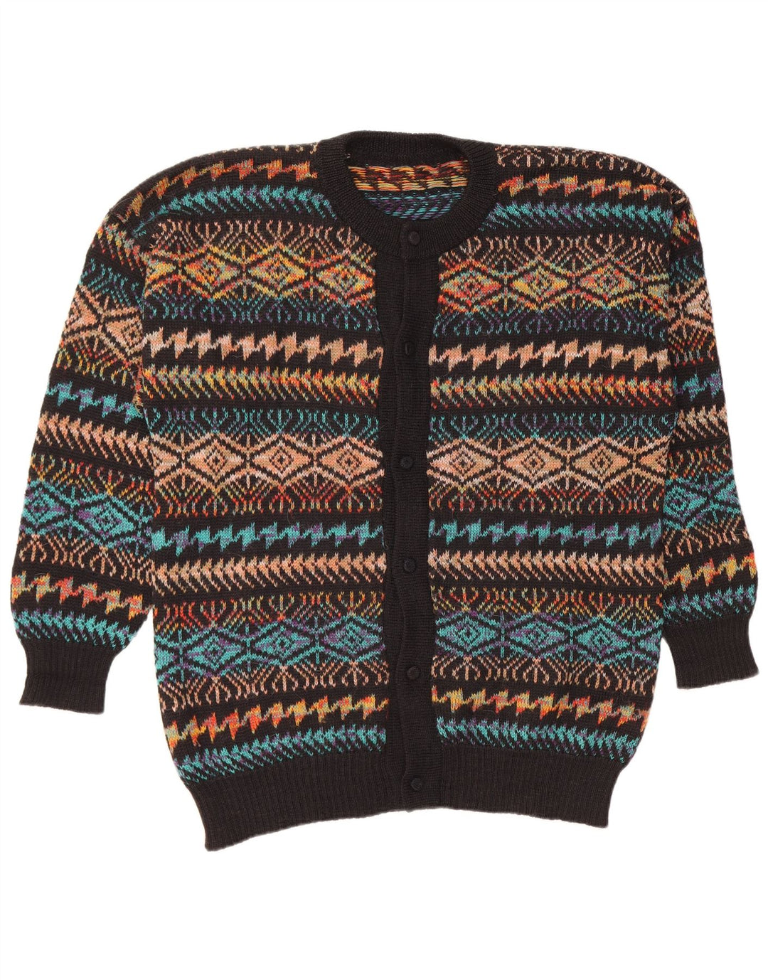 Pulover Cardigan Bărbați VINTAGE Mare Negru Geometric
