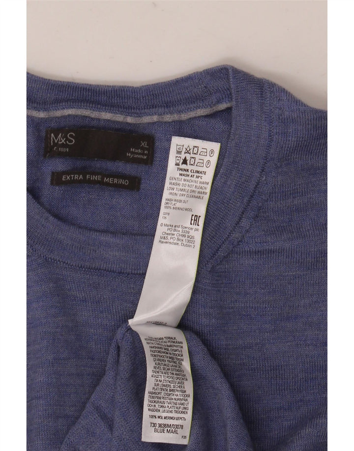 Pulover pentru bărbați Marks & Spencer, cu gât crew, XL, lână merinos albastră
