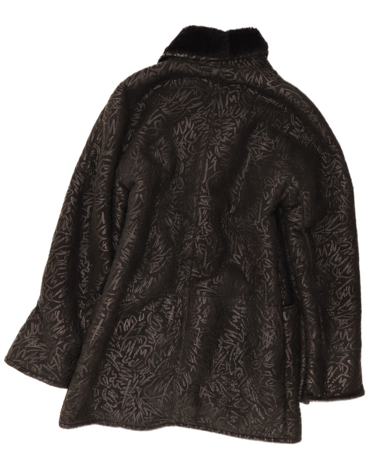 Palton din shearling vintage pentru femei cu model abstract, UK 14 mediu negru