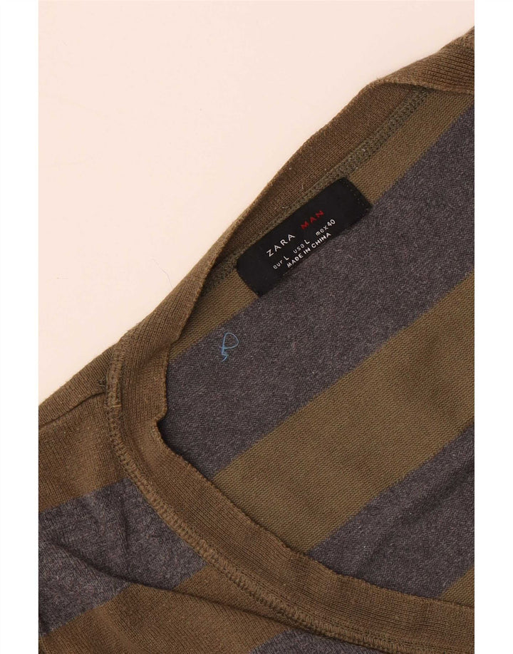 Pulover cardigan pentru bărbați Zara, cu dungi mari, kaki
