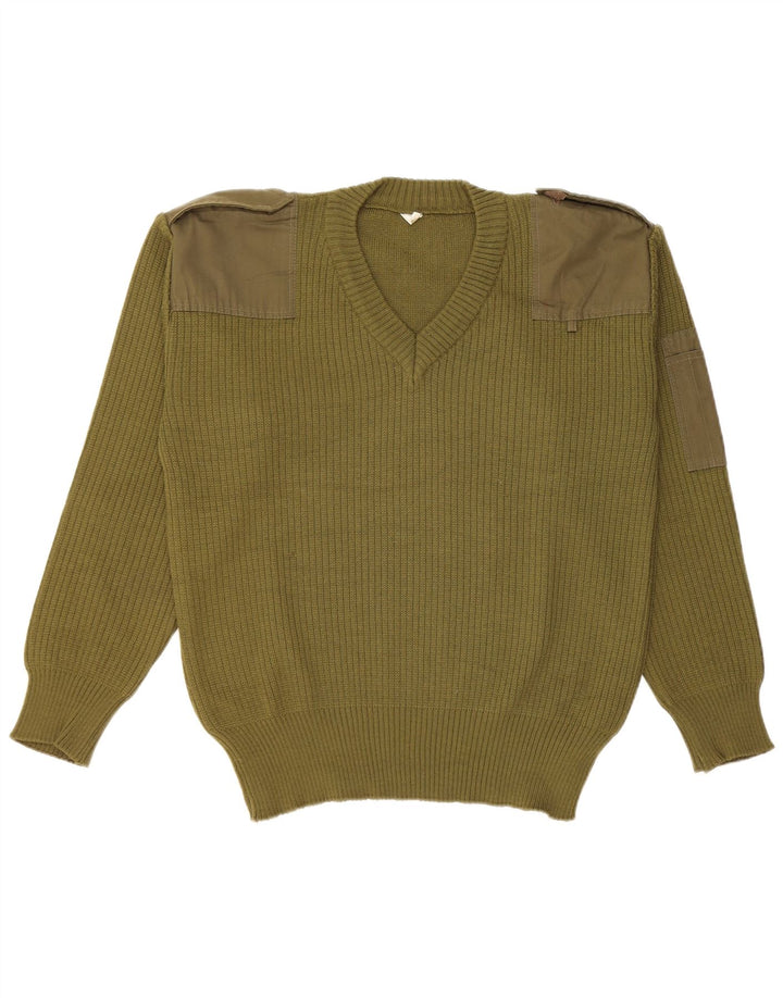 Pulover vintage militar cu decolteu în V pentru bărbați, kaki mediu