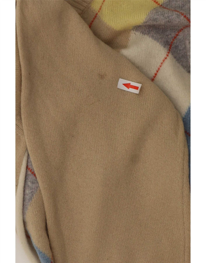 Pulover Benetton pentru bărbați cu decolteu în V, mare, bej, lână Argyle/Diamond