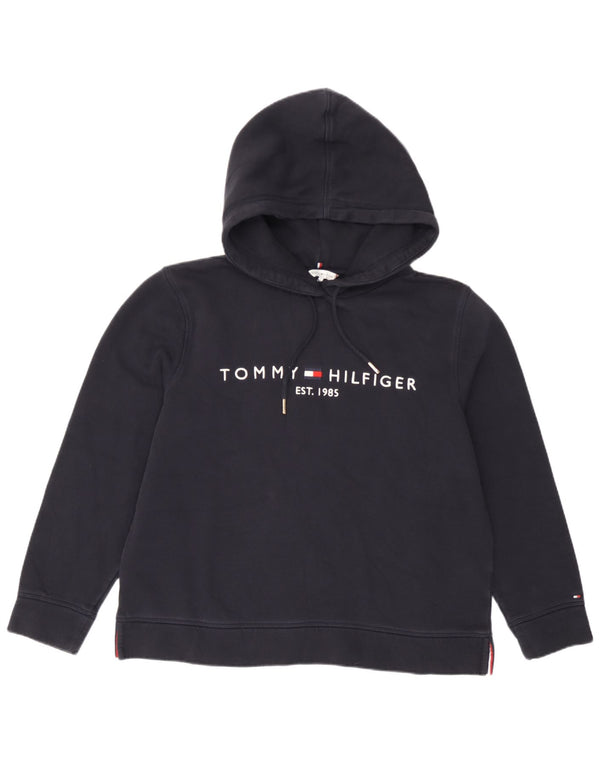 Tommy Hilfiger Womens Graphic Hoodie Jumper UK 14 Medium Navy Blue Cotton