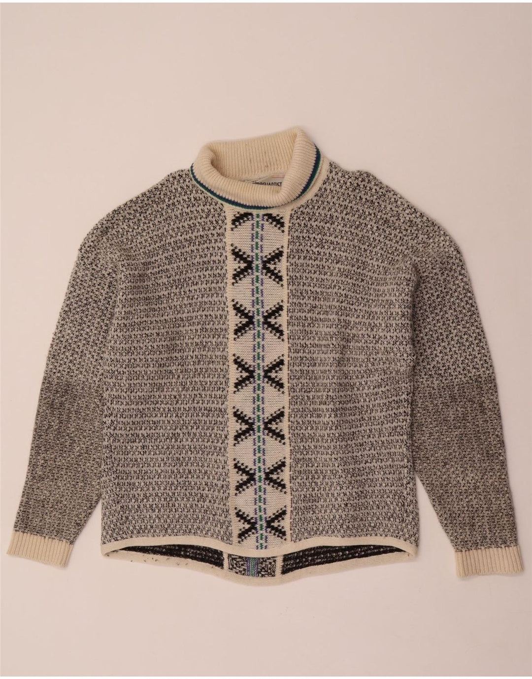 Pulover vintage pentru bărbați cu gât rulat, lână geometrică mare, gri