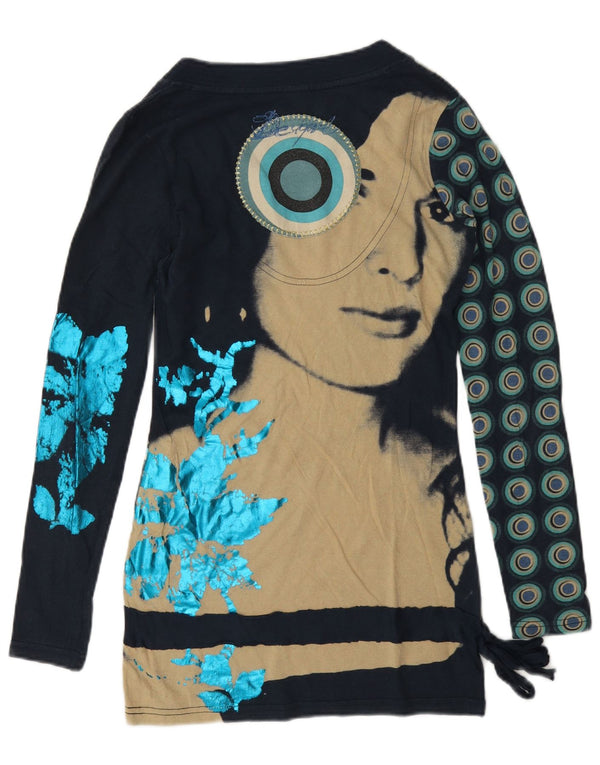 Top grafic pentru femei Desigual cu mânecă lungă UK 6 XS bleumarin, bumbac geometric