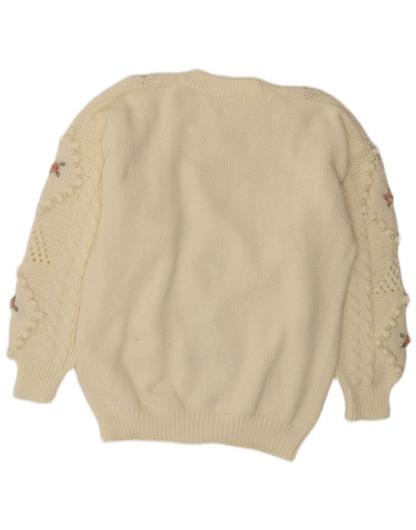 Pulover vintage pentru femei cu gâtul turnat, UK 20 2XL, alb, cu flori