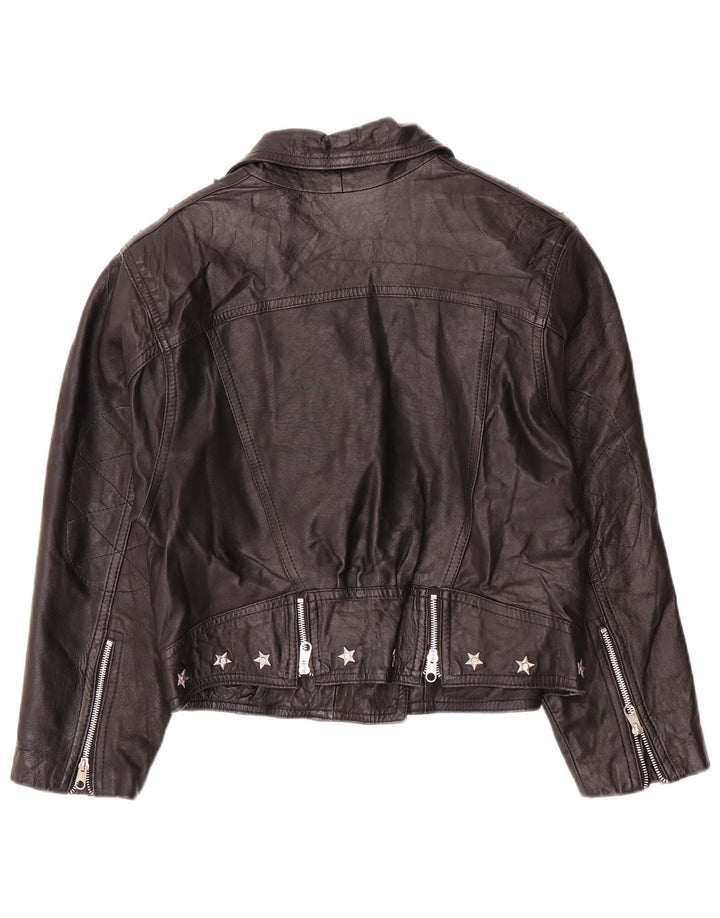 Jachetă de motociclist din piele crop vintage pentru femei UK 12 Medium Black Leather
